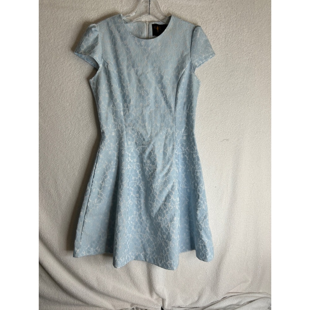 Eros Apparel Light Blue Floral Lace Fit and Flare Cap Sleeve Mini Dress Small